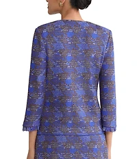 Ming Wang Petite Size Fringe Tweed Knit Round Neck Bracelet Sleeve Jacket