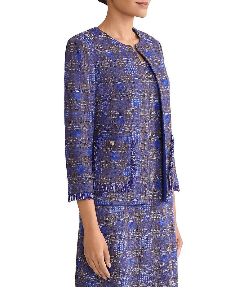 Ming Wang Petite Size Fringe Tweed Knit Round Neck Bracelet Sleeve Jacket