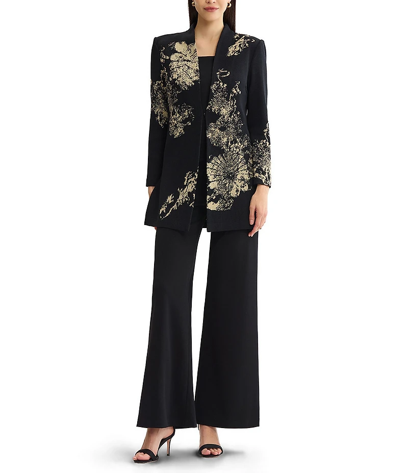 Ming Wang Petite Size Jacquard Floral Lurex Knit Long Sleeve Jacket