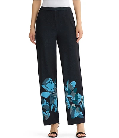 Ming Wang Petite Size Jacquard Knit Floral Placement Print No Roll Elastic Waist Pull-On Coordinating Pants