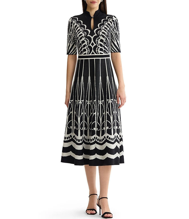 Ming Wang Petite Size Jacquard Knit Mixed Print Split Mandarin Collar Short Sleeve Fit & Flare Midi Dress