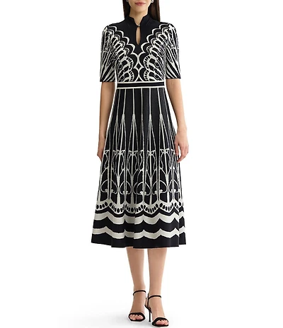 Ming Wang Petite Size Jacquard Knit Mixed Print Split Mandarin Collar Short Sleeve Fit & Flare Midi Dress