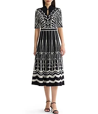 Ming Wang Petite Size Jacquard Knit Mixed Print Split Mandarin Collar Short Sleeve Fit & Flare Midi Dress