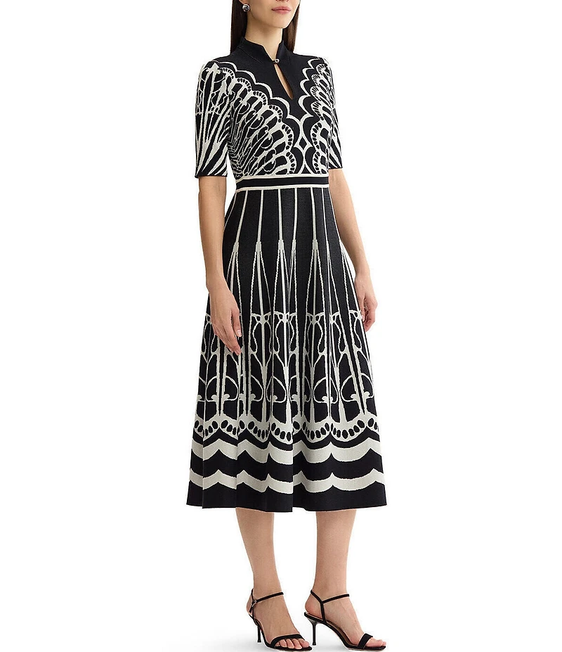Ming Wang Petite Size Jacquard Knit Mixed Print Split Mandarin Collar Short Sleeve Fit & Flare Midi Dress
