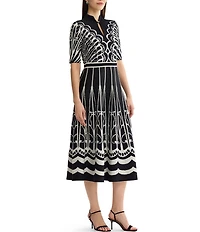 Ming Wang Petite Size Jacquard Knit Mixed Print Split Mandarin Collar Short Sleeve Fit & Flare Midi Dress