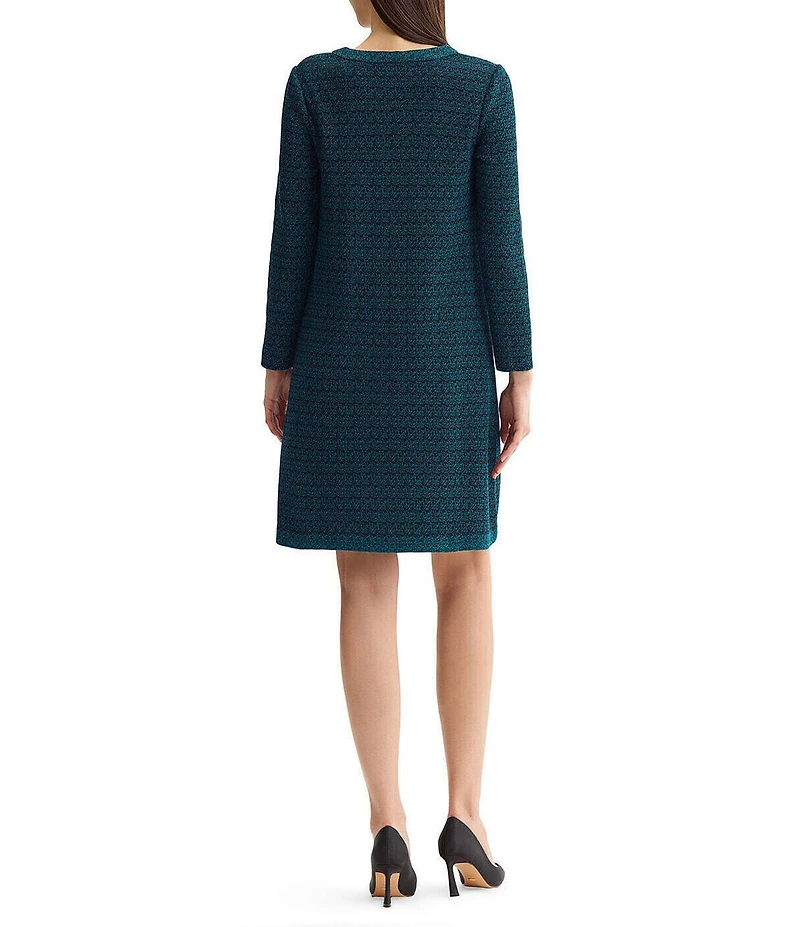 Ming Wang Petite Size Jacquard Knit Split V-Neck Bracelet Sleeve A-Line Dress