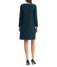 Ming Wang Petite Size Jacquard Knit Split V-Neck Bracelet Sleeve A-Line Dress