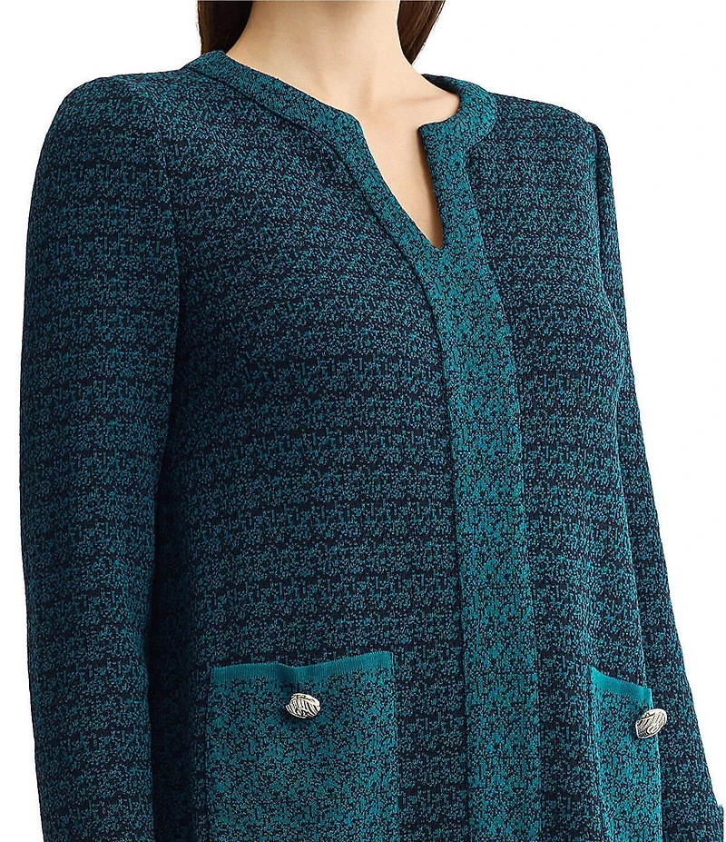 Ming Wang Petite Size Jacquard Knit Split V-Neck Bracelet Sleeve A-Line Dress