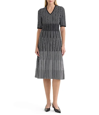 Ming Wang Petite Size Linear Soft Knit V-Neck Elbow Sleeve Fit-And-Flare Dress