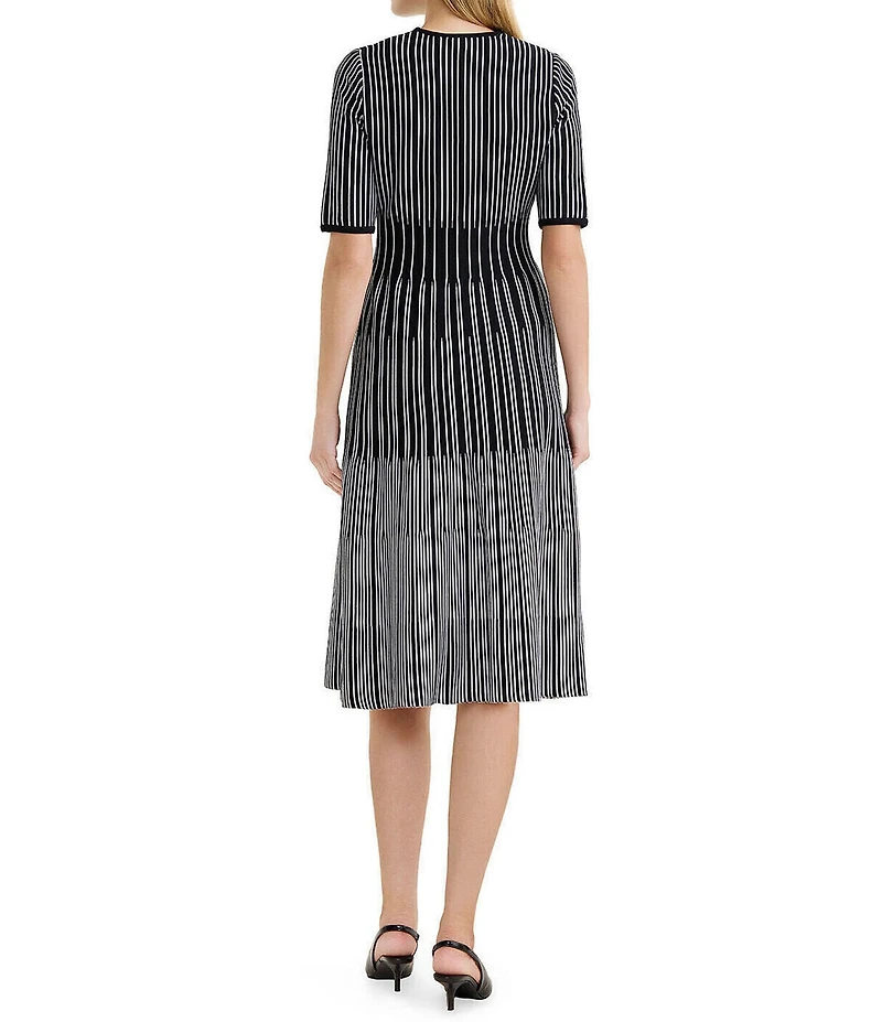 Ming Wang Petite Size Linear Soft Knit V-Neck Elbow Sleeve Fit-And-Flare Dress