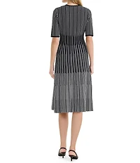 Ming Wang Petite Size Linear Soft Knit V-Neck Elbow Sleeve Fit-And-Flare Dress
