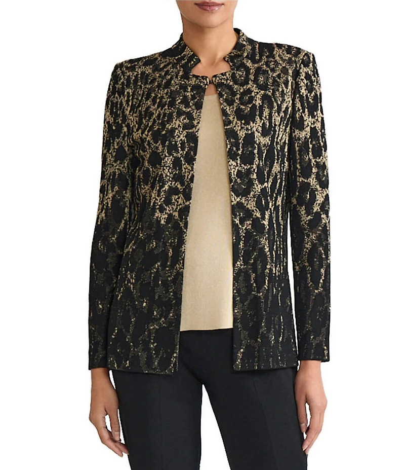 Ming Wang Petite Size Lurex Leopard Print Jacquard Knit Notch Long Sleeve Jacket