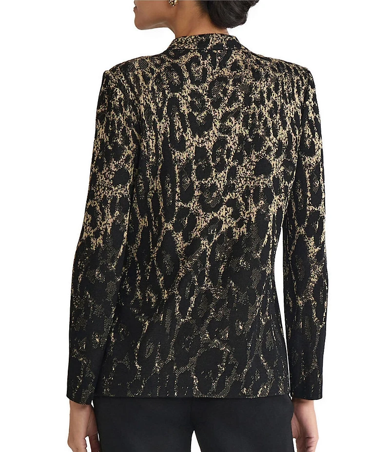 Ming Wang Petite Size Lurex Leopard Print Jacquard Knit Notch Long Sleeve Jacket