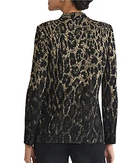 Ming Wang Petite Size Lurex Leopard Print Jacquard Knit Notch Long Sleeve Jacket
