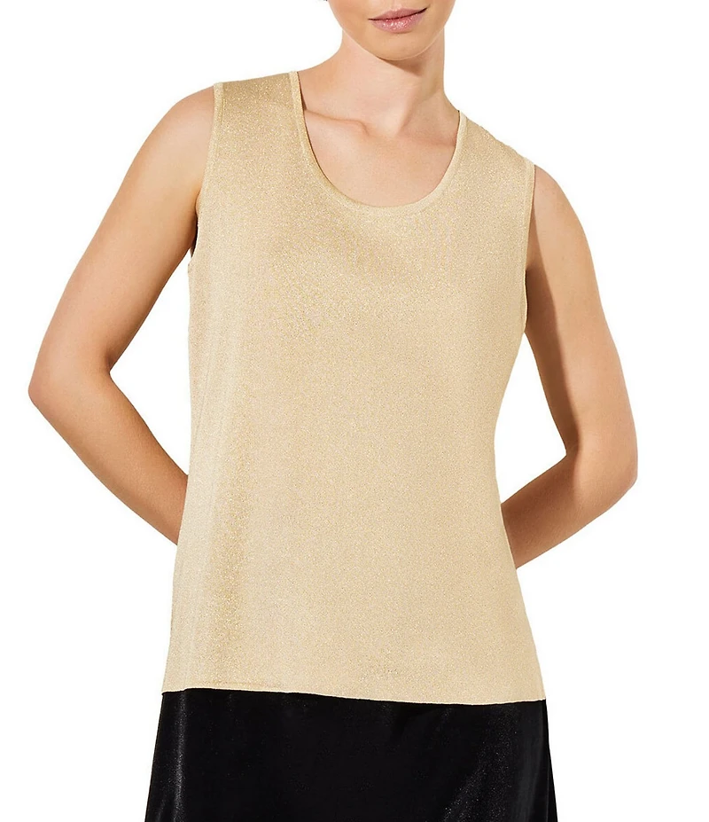 Ming Wang Petite Size Scoop Neck Sleeveless Side Slit Metallic Shimmer Knit Tank
