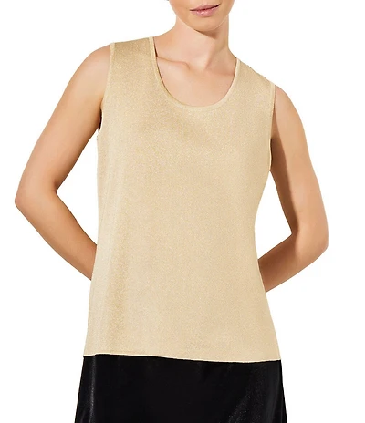 Ming Wang Petite Size Scoop Neck Sleeveless Side Slit Metallic Shimmer Knit Tank