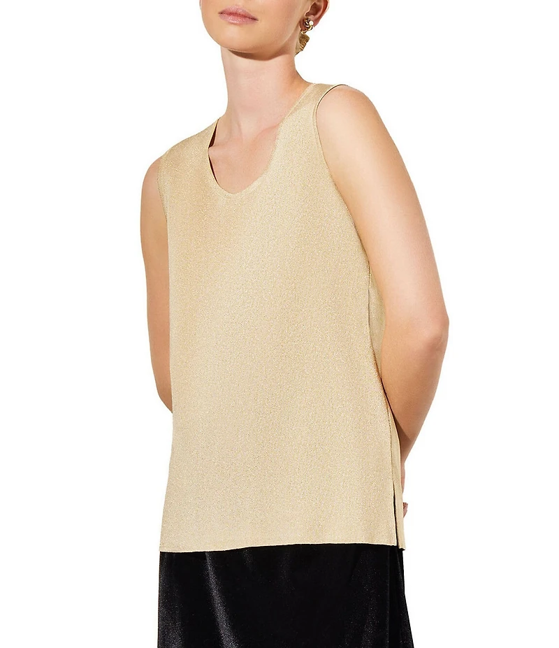 Ming Wang Petite Size Scoop Neck Sleeveless Side Slit Metallic Shimmer Knit Tank