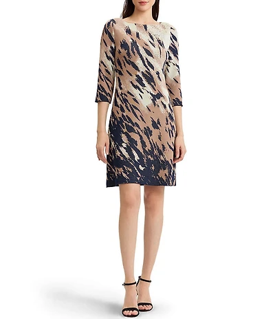 Ming Wang Petite Size Soft Knit Abstract Animal Print Boat Neck 3/4 Sleeve A-Line Dress