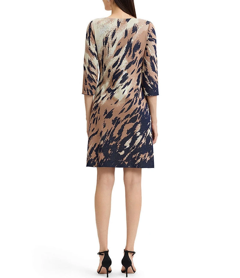 Ming Wang Petite Size Soft Knit Abstract Animal Print Boat Neck 3/4 Sleeve A-Line Dress