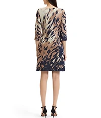Ming Wang Petite Size Soft Knit Abstract Animal Print Boat Neck 3/4 Sleeve A-Line Dress