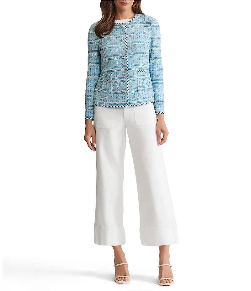 Ming Wang Petite Size Tweed Knit Round Neck Long Sleeve Button Front Jacket