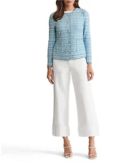 Ming Wang Petite Size Tweed Knit Round Neck Long Sleeve Button Front Jacket