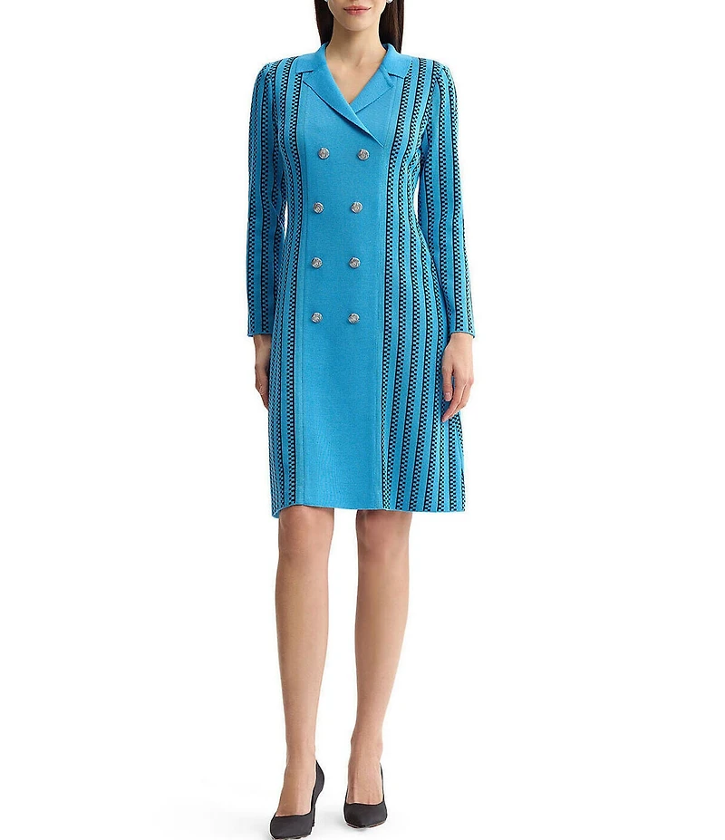 Ming Wang Petite Size Wrinkle-Resistant Faux Double Breasted Knit Notch Collar Long Sleeve Dress