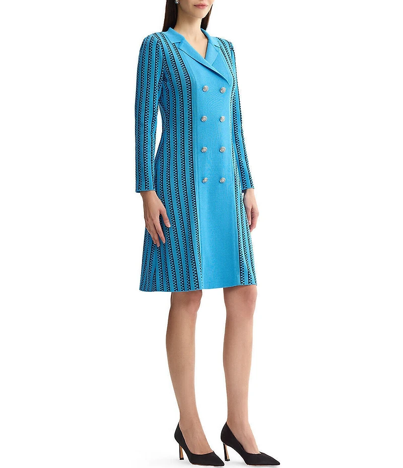 Ming Wang Petite Size Wrinkle-Resistant Faux Double Breasted Knit Notch Collar Long Sleeve Dress