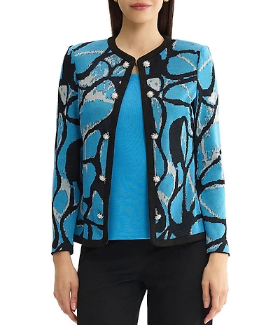 Ming Wang Petite Size Wrinkle-Resistant Jacquard Knit Abstract Long Sleeve Jacket