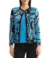 Ming Wang Petite Size Wrinkle-Resistant Jacquard Knit Abstract Long Sleeve Jacket
