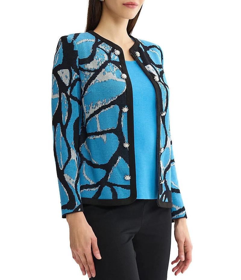 Ming Wang Petite Size Wrinkle-Resistant Jacquard Knit Abstract Long Sleeve Jacket