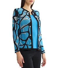 Ming Wang Petite Size Wrinkle-Resistant Jacquard Knit Abstract Long Sleeve Jacket