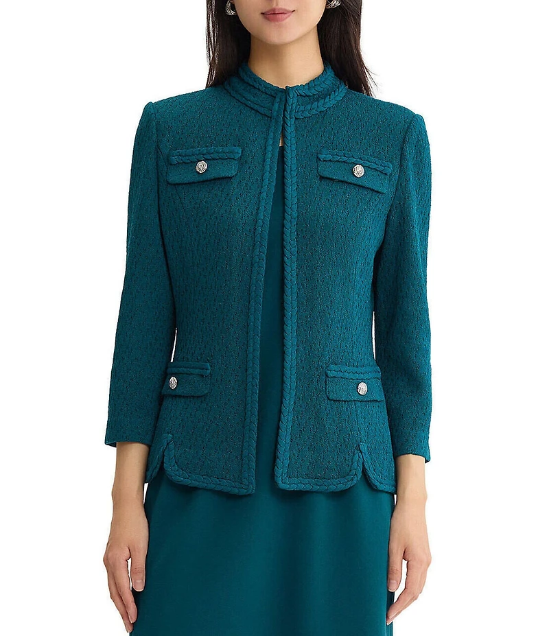 Ming Wang Petite Size Wrinkle Resistant Tailored Pointelle Knit Braided Trim Bracelet Sleeve Jacket