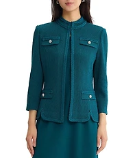 Ming Wang Petite Size Wrinkle Resistant Tailored Pointelle Knit Braided Trim Bracelet Sleeve Jacket