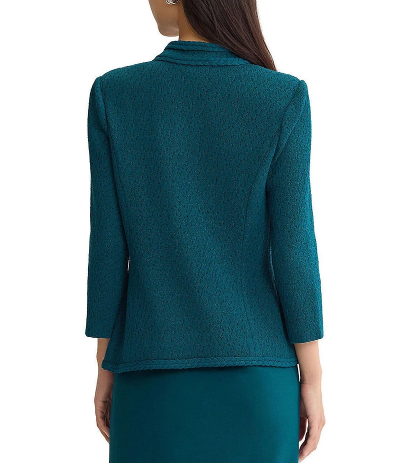 Ming Wang Petite Size Wrinkle Resistant Tailored Pointelle Knit Braided Trim Bracelet Sleeve Jacket