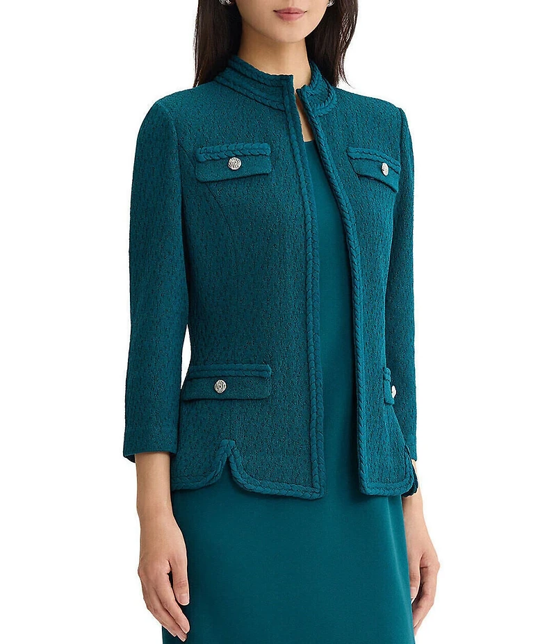 Ming Wang Petite Size Wrinkle Resistant Tailored Pointelle Knit Braided Trim Bracelet Sleeve Jacket