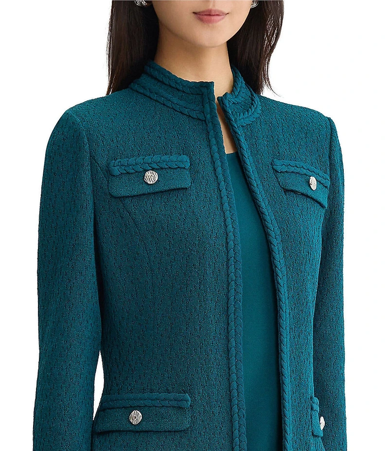 Ming Wang Petite Size Wrinkle Resistant Tailored Pointelle Knit Braided Trim Bracelet Sleeve Jacket