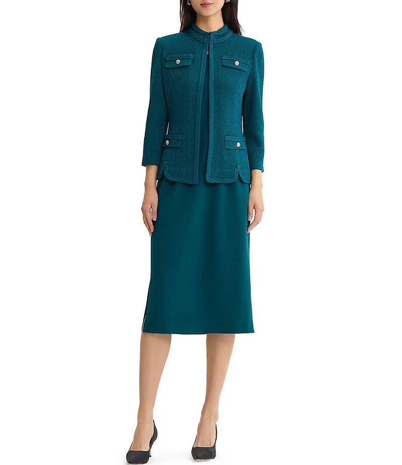 Ming Wang Petite Size Wrinkle Resistant Tailored Pointelle Knit Braided Trim Bracelet Sleeve Jacket
