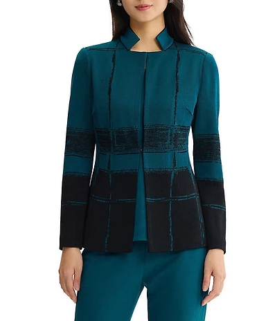 Ming Wang Petite Size Wrinkle-Resistant Two-Tone Flat Knit Colorblock Inverted Notch Collar Long Sleeve Jacket