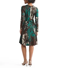 Ming Wang Petite Soft Floral Jacquard Crew Neck Long Sleeve A-Line Midi Dress