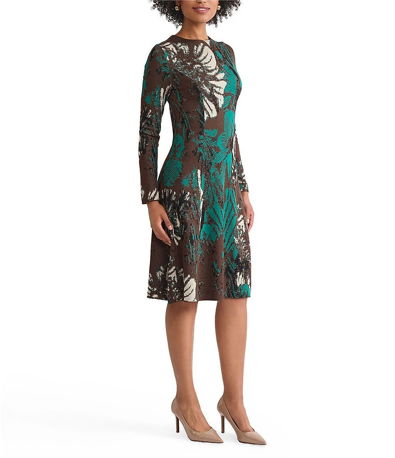 Ming Wang Petite Soft Floral Jacquard Crew Neck Long Sleeve A-Line Midi Dress