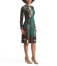 Ming Wang Petite Soft Floral Jacquard Crew Neck Long Sleeve A-Line Midi Dress