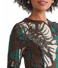 Ming Wang Petite Soft Floral Jacquard Crew Neck Long Sleeve A-Line Midi Dress