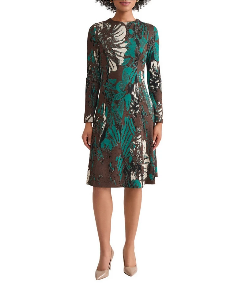 Ming Wang Petite Soft Floral Jacquard Crew Neck Long Sleeve A-Line Midi Dress