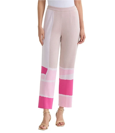 Ming Wang Petite Soft Knit Colorblock Straight Leg Ankle Pants
