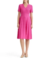 Ming Wang Petite Soft Knit V-Neck Short Sleeve Fit-And-Flare Midi Dress