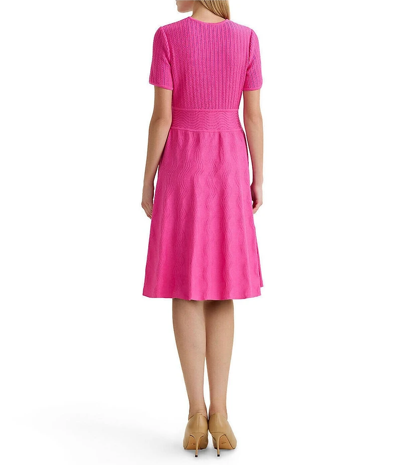 Ming Wang Petite Soft Knit V-Neck Short Sleeve Fit-And-Flare Midi Dress