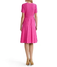 Ming Wang Petite Soft Knit V-Neck Short Sleeve Fit-And-Flare Midi Dress