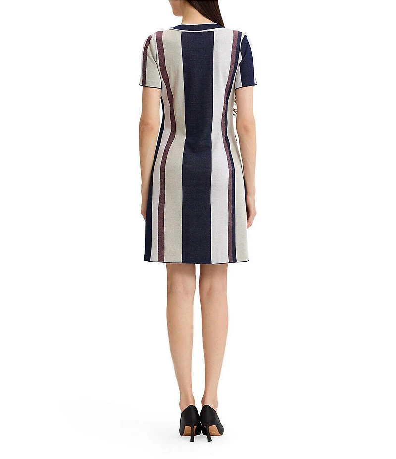 Ming Wang Petite Stripe Soft Knit V-Neck Short Sleeve Button Front Dress