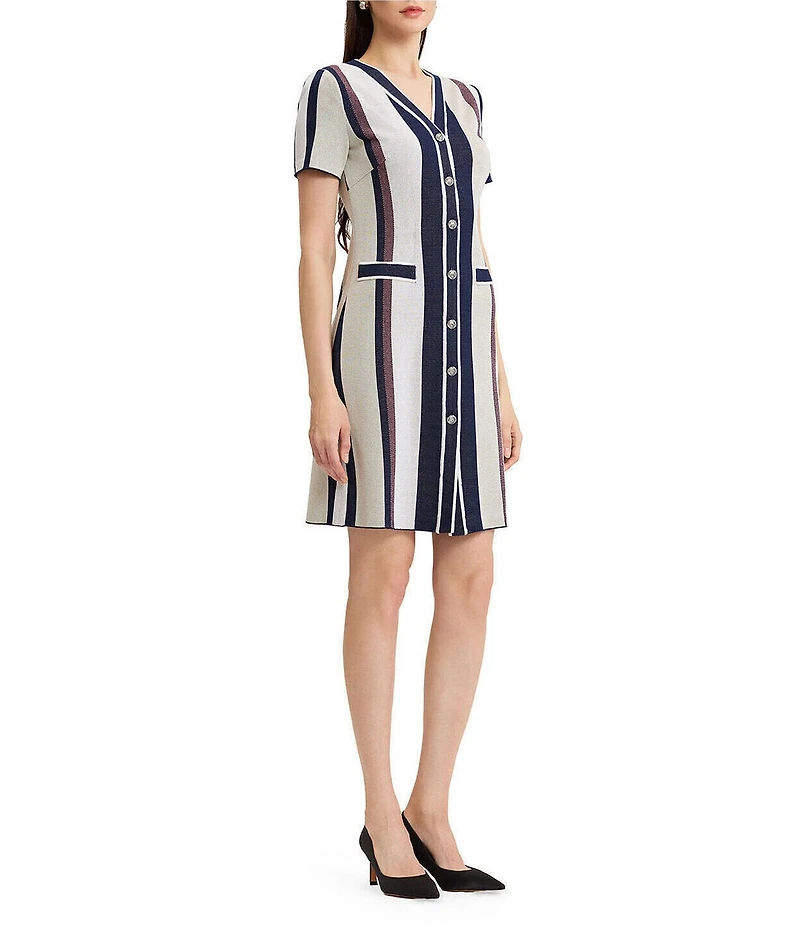 Ming Wang Petite Stripe Soft Knit V-Neck Short Sleeve Button Front Dress